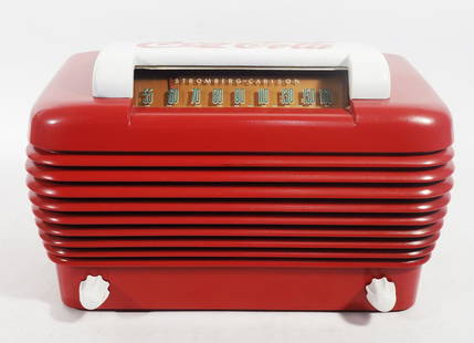 Stromberg-Carlson Coca-Cola Tabletop Radio: Stromberg-Carlson Co. model 1101 HI Series 13 E Coca-Cola tabletop radio, circa 1947, red and white Bakelite case, 6 tubes, 7 AM tuned circuits, broadcast only wave band, 7 5/8" high x 12 1/2" x 7"