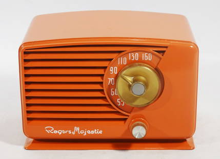 Rogers Majestic Model R531 Tabletop Radio: Rogers Majestic Radio Corporation Ltd. model R531 tabletop radio, circa 1953-1954, orange plastic case, 5 tubes, 6 AM tuned circuits, broadcast only waveband, 5 1/2" high x 8 1/2" x 5 1/2"