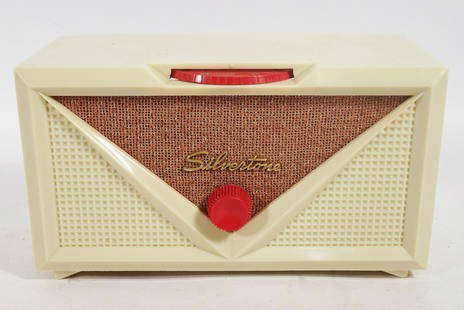 Silvertone Model 3002 Tabletop Radio: Sears, Roebuck and Co. Silvertone model 3002 tabletop radio, circa 1953-1956, ivory plastic case, 4 tubes, 4AM tuned circuits, broadcast wave band, 5 1/4" high x 9" x 4"