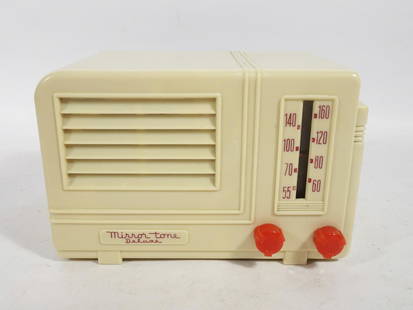 Meck Model 804 Tabletop Radio: John Meck Industries Inc. Mirror Tone Deluxe model 804 tabletop radio, circa 1947, ivory Plaskon case, 4 tubes, AM tuned circuits, broadcast wave band, 5" high x 8" x 5 1/2"