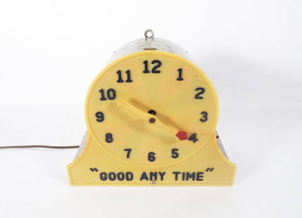 Miracle Clock Trade Stimulator: Miracle Clock Good any Time trade stimulator, countertop light-up gaming clock with spinner hand that spins every 20 seconds or so, landing on a different hour, circa 1960's, manufacturer unknown, woo