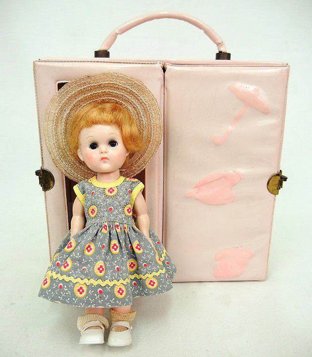 Ginny Walker doll, 7", with case and additional cl: Ginny Walker doll, 7", with case and additional clothing, some are tagged Terri Lee and Madame Alexander, and some additional straw hats