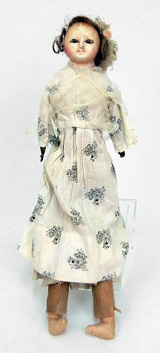 Wax shoulder head doll, kid leather hands, straw f: Wax shoulder head doll, kid leather hands, straw filled body, glass eyes, 16", 19th C.