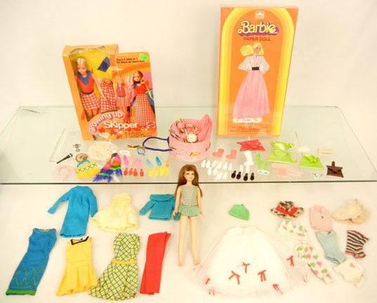 Brunette Skipper doll in original sunsuit, 9 1/2",: Brunette Skipper doll in original sunsuit, 9 1/2", Fossil Barbie 35th Anniversary watch, in original box with tags still attached, Growing up Skipper in original box, Barbie Paper Doll in original box