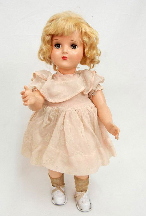 Large Hard Plastic "Winnie" Walking Doll, America,: Large Hard Plastic "Winnie" Walking Doll, America, c. 1950s, closed mouth, sleeping eyes, blonde wig, pink dress, key operated, 18"