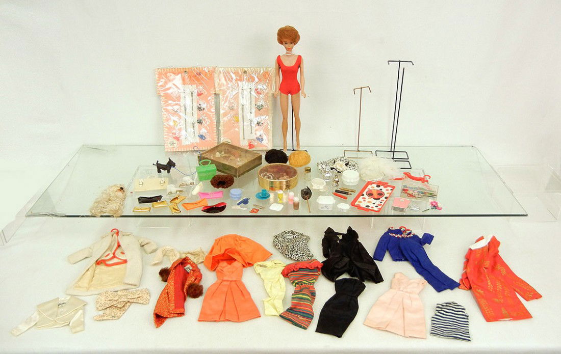 Red head Bubble Cut Barbie, in original swimsuit,: Red head Bubble Cut Barbie, in original swimsuit, with large grouping of Barbie clothing, some tagged, shoes, purses, hats, accessories, stands and more., 11 1/2"