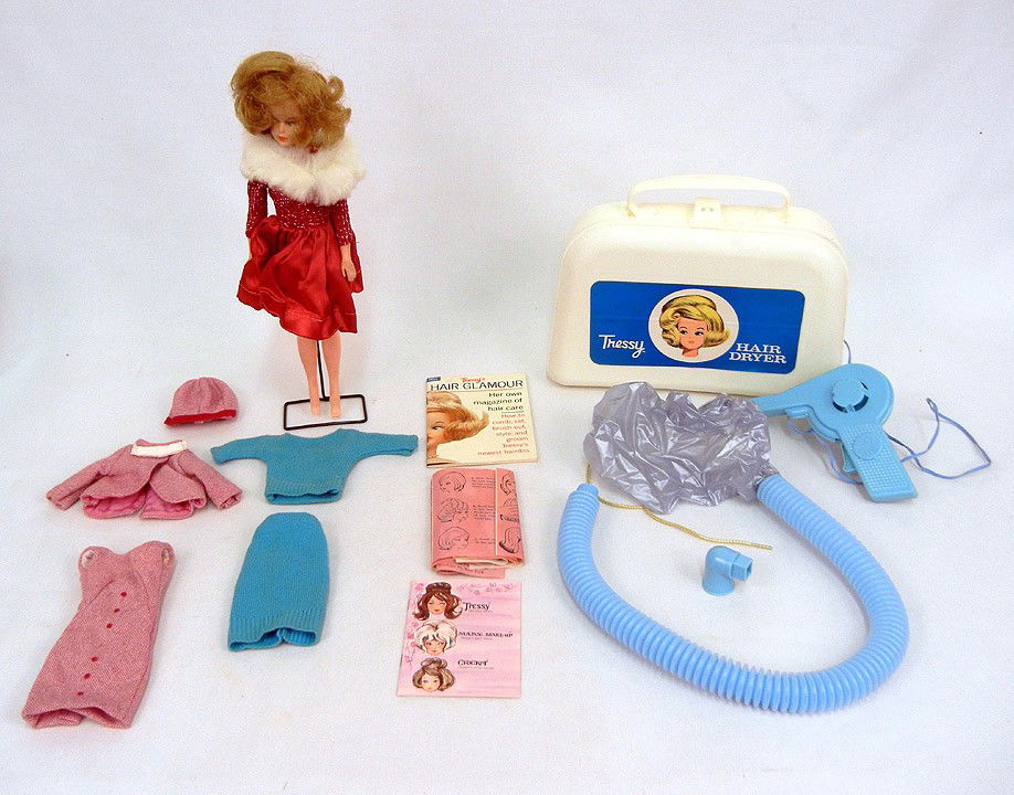 Tressy doll with two additional outfits, one tagge: Tressy doll with two additional outfits, one tagged Ideal, and Tressy hair dryer kit, 11 1/2"