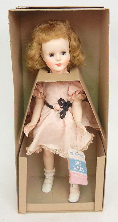 American Character Happi Time hard plastic walker: American Character Happi Time hard plastic walker doll with hang tag in original box #3361, rooted blonde hair, blue sleep eyes, 19", C.1950's