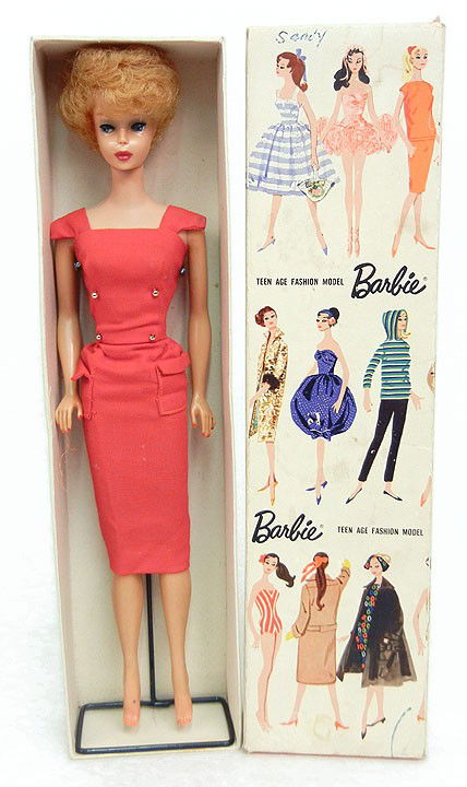Blonde Bubble Cut Barbie No. 850, red dress, in or: Blonde Bubble Cut Barbie No. 850, red dress, in original box with stand