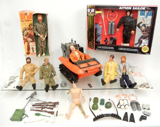 G.I. Joe grouping including seven G.I. Joe dolls, : G.I. Joe grouping including seven G.I. Joe dolls, most are vintage, Trouble Shooter vehicle, clothing, accessories, and a commemorative edition Action Sailor Navy Frogman in original box 1994