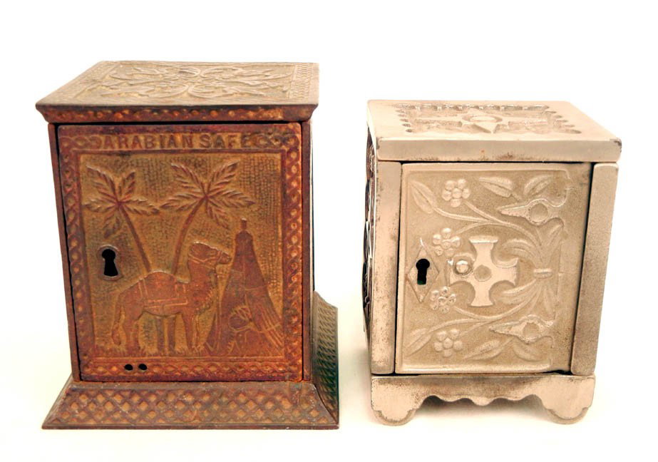 Arabian cast iron safe bank, and key lock safe ban: Arabian cast iron safe bank, and key lock safe bank by Stevens Co., Cromwell, Conn. USA, 4 9/16" high and 4 2/16" high, key lock safe marked on bottom, 1897
