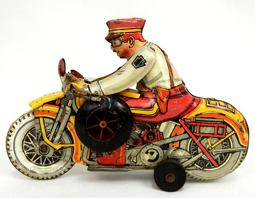 Marx #3 Police Squad Motorcycle tin wind-up toy, m: Marx #3 Police Squad Motorcycle tin wind-up toy, marked Marx on shoulder, 8", not working