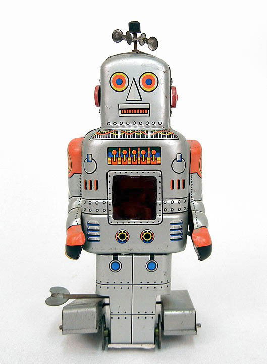 S.Y. tin Robot with Spark, mechanical walking, 7 1: S.Y. tin Robot with Spark, mechanical walking, 7 1/2" high, Made in Japan, works, marked on back