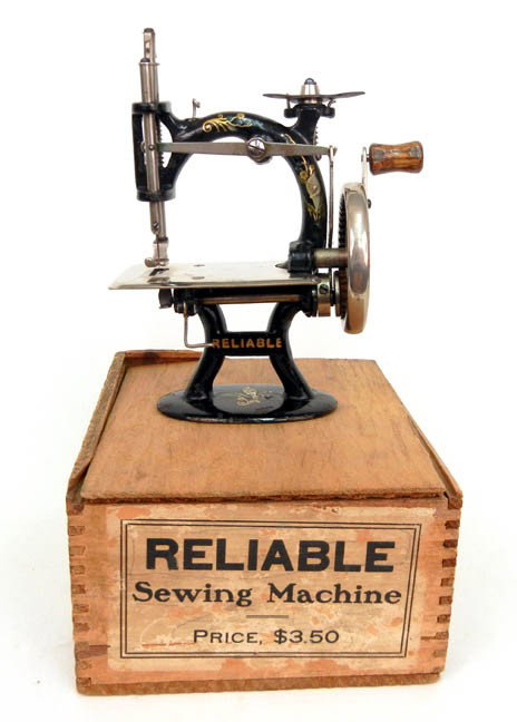 Reliable Sewing machine, 8" in original wooden box: Reliable Sewing machine, 8" in original wooden box with label
