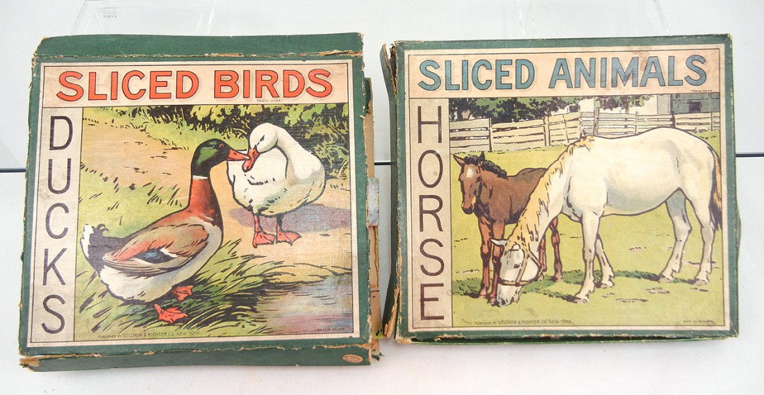 Three vintage children's puzzles including lithogr: Three vintage children's puzzles including lithographed paper over wood two cats, with puzzle blocks, in original box, 10 1/2" x 8 1/2" Made in Germany, Sliced Birds by Selchow & Righter Co. New York,