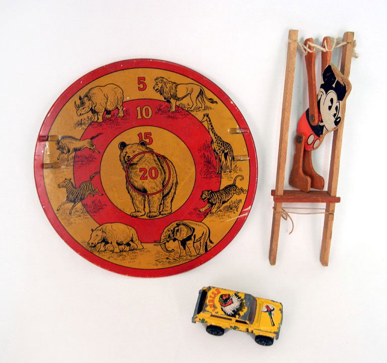 Toy grouping including 1). Mickey Mouse Acrobat, w: Toy grouping including 1). Mickey Mouse Acrobat, wooden toy with paper litho, copyright Walt Disney Mfg. by Milton Bradley Co., 8 1/2" high, 2). Majorette Jeep Cherokee with Indian decals 1/64 No. 236