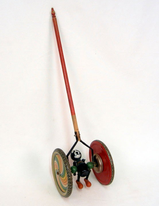 Trix musical tin and wood pull toy with flipping c: Trix musical tin and wood pull toy with flipping cat by Gong Bell Mfg. Co. C.1930's, approx. 28" x 7", works