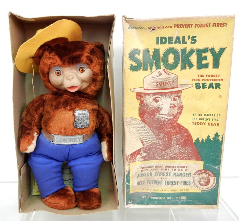 Ideal's Smokey The Forest-Fire Preventin' Bear, pl: Ideal's Smokey The Forest-Fire Preventin' Bear, plush & plastic, 17 1/2 tall, with Junior Forest Ranger Paper, in original box worn & torn, No. 768, 1950's
