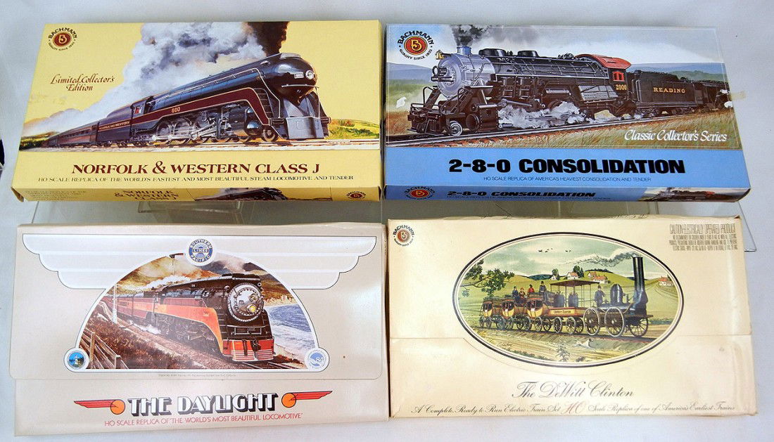 Four Bachmann H.O. scale replica train sets in ori: Four Bachmann H.O. scale replica train sets in original boxes, includes Norfolk & Western Class J, The DeWitt Clinton, The Daylight, and 2-8-0 Consolidation