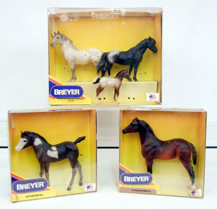 Three Breyer horse sets in original boxes includin: Three Breyer horse sets in original boxes including No. 778 Quarter Horse Foal, No. 773 Pinto Pony Foal, and No. 3349 Appaloosa Mustang Family Gift set