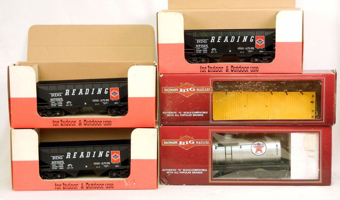Five G scale freight cars including two Bachmann B: Five G scale freight cars including two Bachmann Big Haulers and three MDC Big Trains - Hoppers, all in original boxes