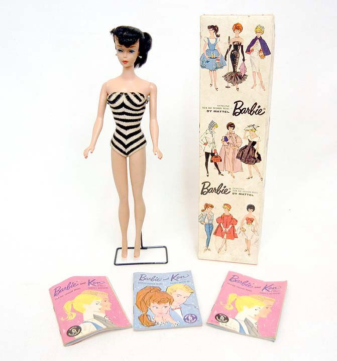 Brunette Ponytail Barbie, with original swimsuit,: earrings and stand, in Platinum Bubble Cut #850 box