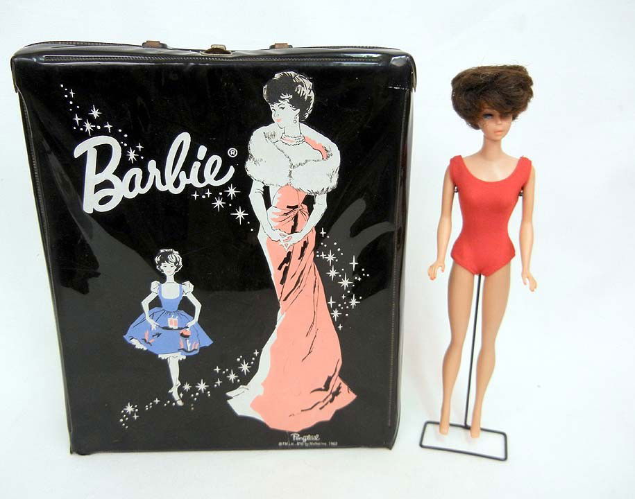 Barbie Brunette Bubble Cut in red swimsuit: 11 1/2", and with 1962 Barbie case