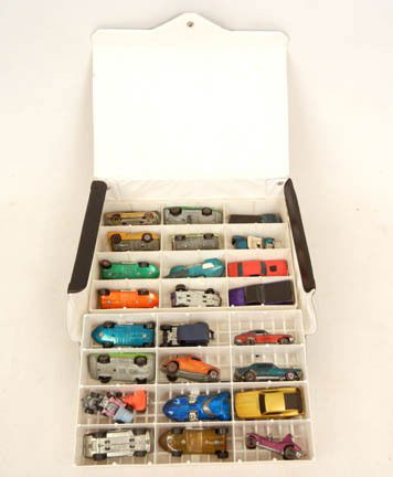 Grouping of Hot Wheels cars, mostly Redline,: twenty-four cars total, twenty-two are Redline, in a Hot Wheels Collector's Race case