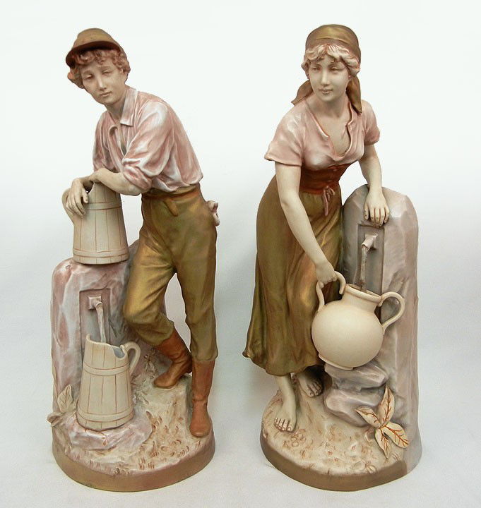 Pair of Royal Dux porcelain 24" figurines, male an: Pair of Royal Dux porcelain 24" figurines, male and female at spring with amphora and pitcher, Bohemia silver paper label, impressed, stamped and applied Royal Dux mark on both