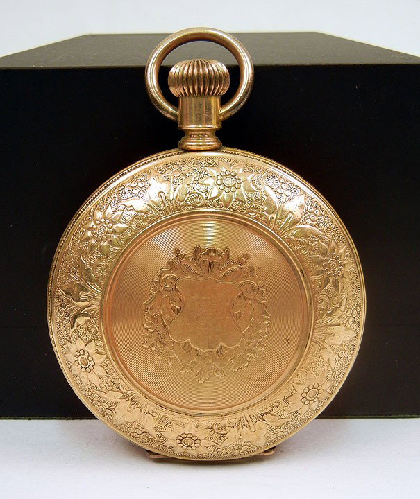 Hunting case for pocket watch, gold filled, 2 1/8": Hunting case for pocket watch, gold filled, 2 1/8" diameter, engraved design on front and back, case marked 1483130, early 20th C.