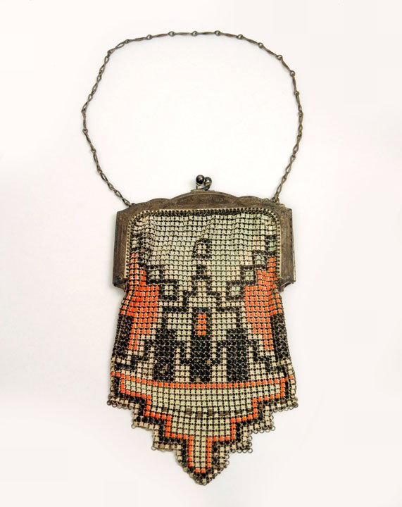 Whiting & Davis Art Deco enameled mesh purse, geom: Whiting & Davis Art Deco enameled mesh purse, geometric motif, 6 1/2" long x 3 3/4" wide, 12" long chain handle, marked Whiting & Davis on metal hand tag, early 20th C.