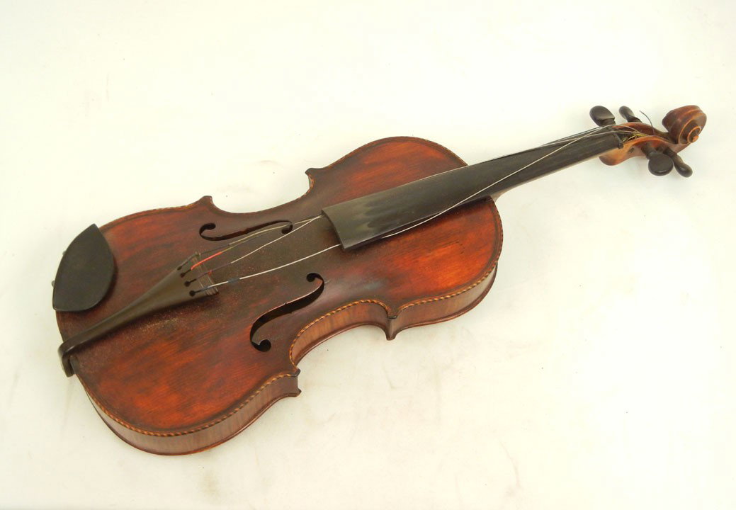 E.J. Albert violin and bow in case, inlaid purflin: E.J. Albert violin and bow in case, inlaid purfling on violin, additional ephemera, violin accessories, paper label inside violin, 24" long, case 30 1/2" long