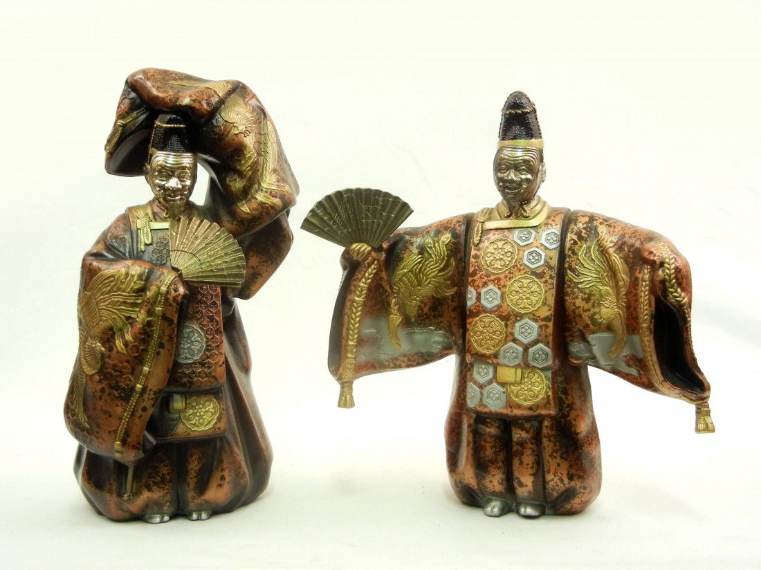 Pair of cast metal Kabuki dancers with removable m: Pair of cast metal Kabuki dancers with removable masks, Japan paper labels on bottom, 20th C., 13 1/2" high