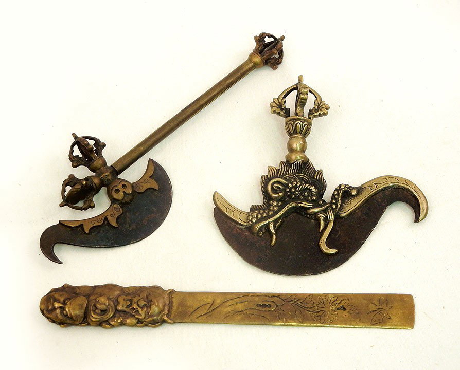 Two bronze and iron weapons and a bronze letter op: Two bronze and iron weapons and a bronze letter opener, weapons decorated with crowns, figural and floral decoration on letter opener, letter opener and small axe 11" high, small weapon 6 3/4" high