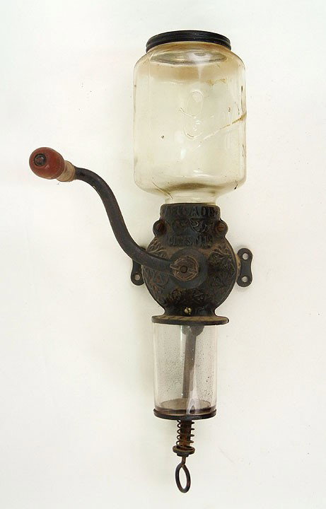 Arcade crystal #3 coffee grinder, cast iron, marke: Arcade crystal #3 coffee grinder, cast iron, marked on front and on glass, with original glass jar, 19" high