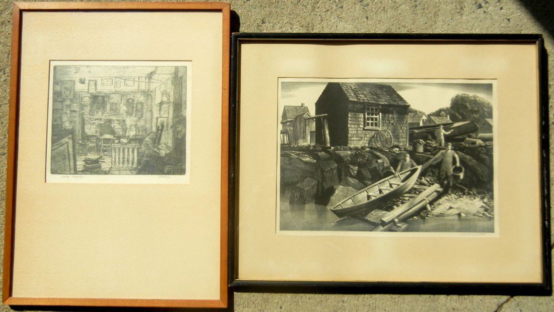Leon Dolice lithograph and Stow Wengenroth etching: Leon Dolice lithograph and Stow Wengenroth etching, "The Boatyard" and "Old Books" both pencil signed lower right, image sizes 10 1/2" x 14 1/2" and 8 1/4" x 9 3/4", frame sizes 16 3/4" x 20 3/4" and 