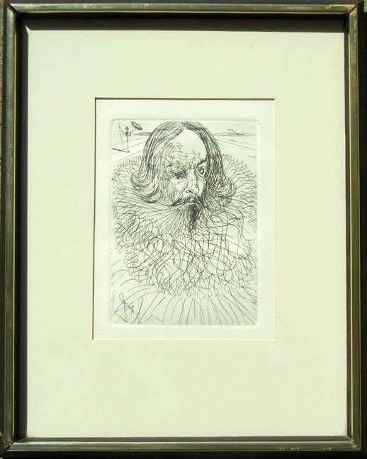 Salvador Dali etching "Cervantes"signed lower left: Salvador Dali etching "Cervantes"signed lower left, 20th C. Spain, image size 6 3/4" x 4 3/4", frame size 15" x 12", authentication label on reverse