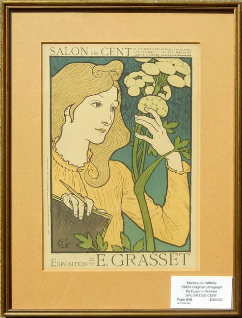 Eugene Grasset lithograph "Salon de Cent", plate #: Eugene Grasset lithograph "Salon de Cent", plate #98, 20th C. Swiss, frame size 18" x 13 1/4"