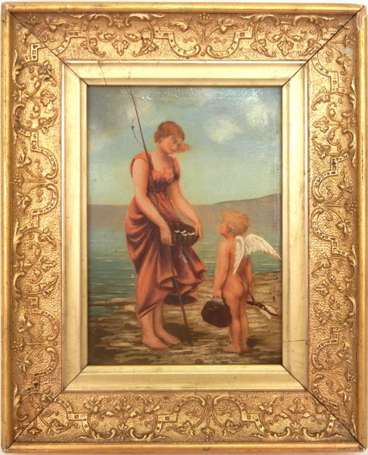 Continental School oil on canvas, woman on shoreli: Continental School oil on canvas, woman on shoreline with winged cherub, unsigned, image size 5 3/4" x 4 1/4", frame size 8 1/4" x 6 1/2"