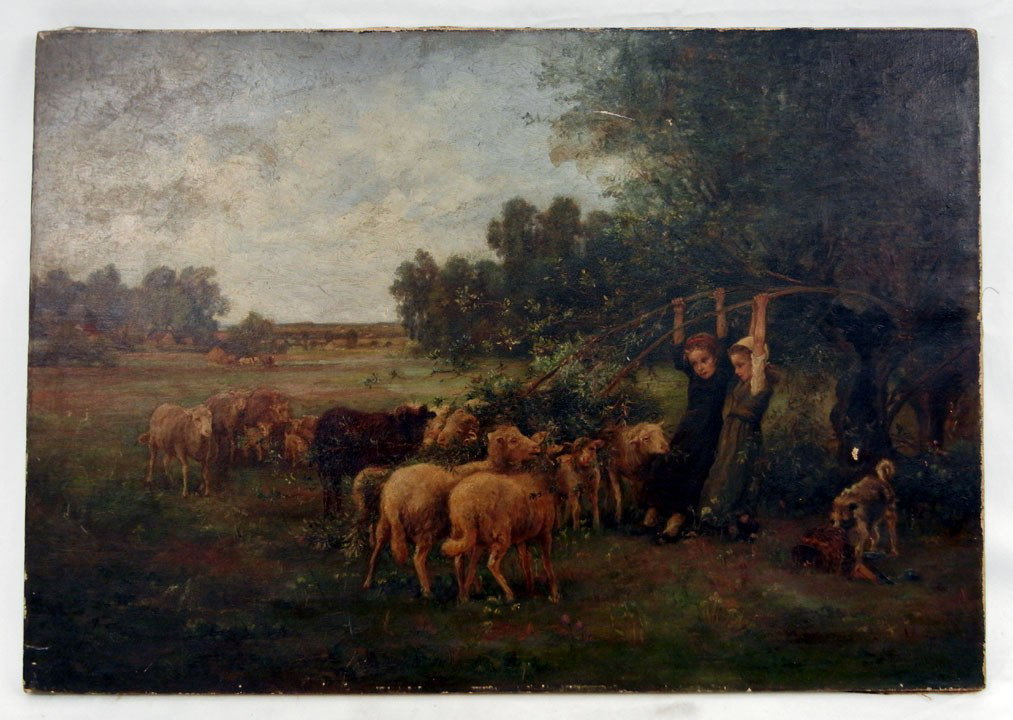Continental School oil on canvas, children and she: Continental School oil on canvas, children and sheep in meadow, image size 19 1/2" x 28"