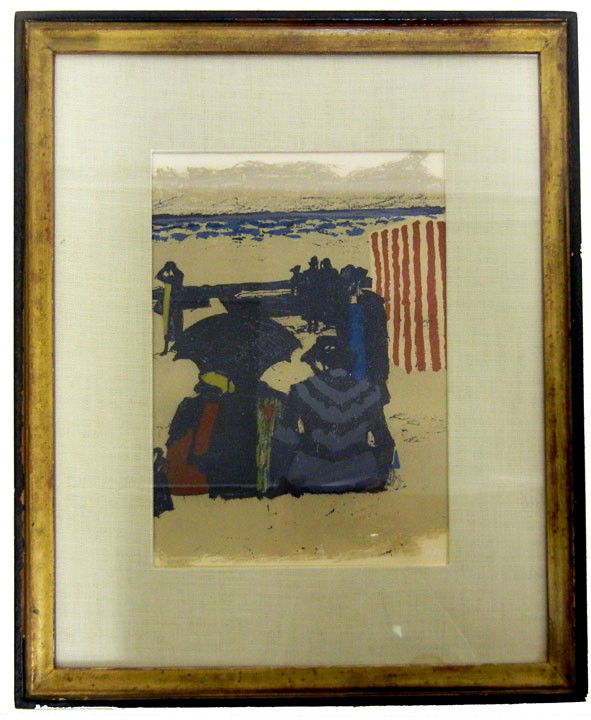 (Maurice) Brianchon lithograph beach scene "La Pla: (Maurice) Brianchon lithograph beach scene "La Plage", image size 10" x 7 1/4", frame size 16" x 13 1/2", Korvette Art Gallery label on reverse