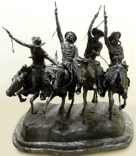 Frederic Remington bronze recast on marble base "C: Frederic Remington bronze recast on marble base "Coming Thru the Rye", artist signed and numbered 11/15 on bottom front, late 20th C., 30" high x 32" x 26