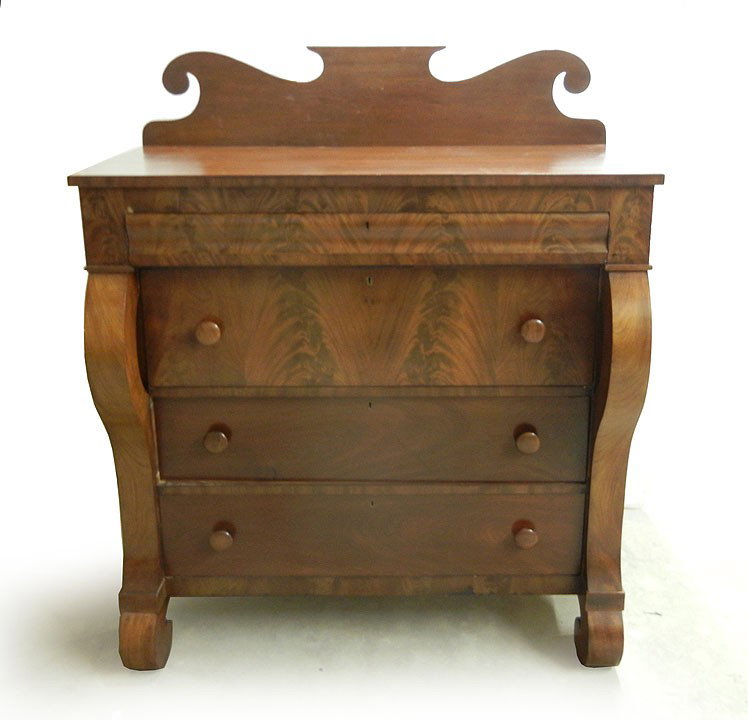 Walnut Empire tall chest, carved splashback, one l: Walnut Empire tall chest, carved splashback, one long hidden drawer over three drawers, front scroll feet, C.1850, 52 1/2" high x 43" x 22
