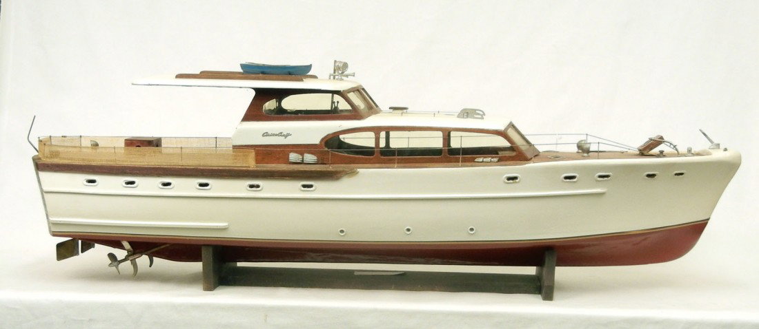 Chris Craft mahogany boat model, some parts painte: Chris Craft mahogany boat model, some parts painted, mid 20th C., 13" high x 41" x 10 1/4