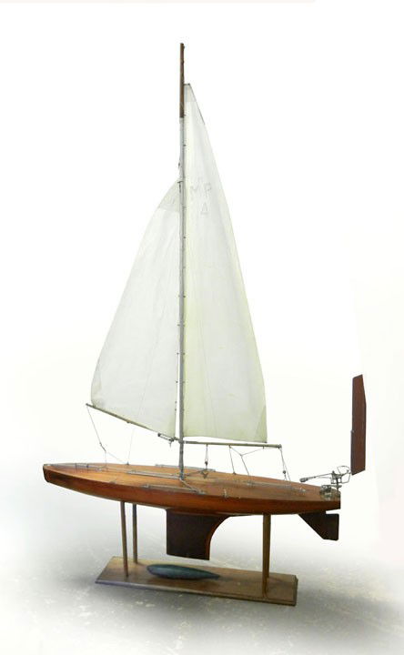 Mahogany pond boat with sails and anchor, on stand: Mahogany pond boat with sails and anchor, on stand, mid to late 20th C., 7'9" x 4'9
