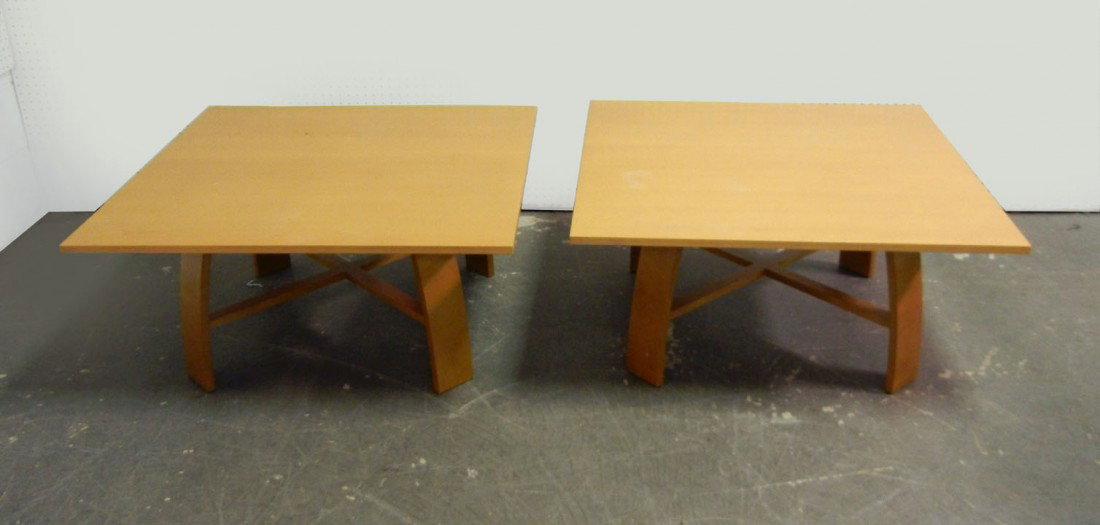 Pair of Nienkamper birch occasional tables with X: Pair of Nienkamper birch occasional tables with X stretcher, paper label, late 20th C., 17" x 36"