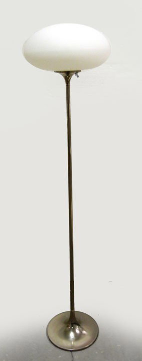 Laurel floor lamp with mushroom shaped frosted gla: Laurel floor lamp with mushroom shaped frosted glass shade on chrome plated base, blue Laurel paper label, 57" high