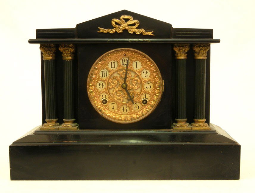 Ansonia Clock Co. mantle clock, with pendelum, Pat: Ansonia Clock Co. mantle clock, with pendelum, Pat. 1882, 11" high x 15" across x 6 1/4" deep