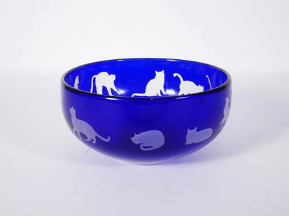 Steven Correia Art Glass Cats Bowl: Steven Correia art glass Cobalt Cats bowl, contemporary 20th c., signed on underside of base "Correia Limited Edition BE8430 230/500", 3 1/4" high x 6 1/4", comes with Certificate of Authenticity