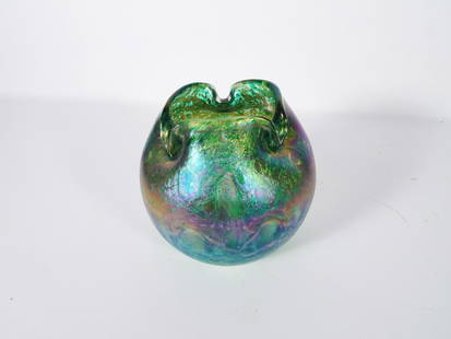 Loetz Austrian Art Glass Rose Bowl: Loetz Austrian art glass rose bowl vase, green and iridescent purple glass with crimped top, unsigned, early 20th c., 6" high x 5 1/2"